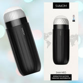 A black SVAKOM Sam Neo Vibrating Masturbating Sleeve is displayed next to its packaging. The packaging features an image of the product and the brand name "Svakom." The background is light with a subtle, abstract pattern, highlighting its 5 different vibration patterns and powerful suction effect.